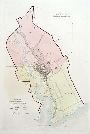 Antique Map CARDIFF, WALES, Street Plan, Dawson Original 1832