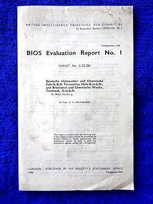 Bild des Verkufers fr BIOS Evaluation Report No.1, Target No C-22/250, Deutsche Holzzucker Und Chemische Fabrik A.G. Tornescher Hefe, and Brennerei Und Chemische Werke, Tornesch, N.West Hamburg WOOD SACCHARIFICATION. 1945. British Intelligence Objectives Sub-Committee. zum Verkauf von Tony Hutchinson