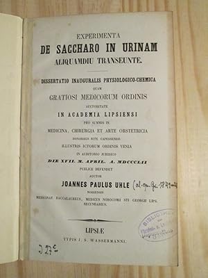 Image du vendeur pour Experimenta de saccharo in urinam aliquamdiu transeunte.,. auctor Joannes Paulus Uhle mis en vente par Expatriate Bookshop of Denmark