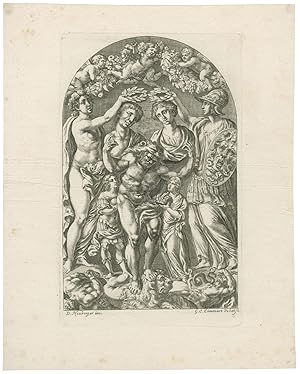 Doppelporträtbüsten eines lorbeerbekränzten Paares, gehalten von Herkules, umgeben von allegorisc...