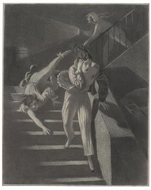 Zeppelinfurcht in London. Drei Frauen flüchten in panischer Angst durch ein Treppenhaus nach unten.