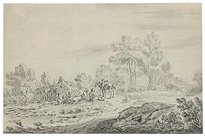 Bild des Verkufers fr Landschaft mit einem Gehft und Bauernfamilie bei einem Reiter. zum Verkauf von Galerie Joseph Fach GmbH