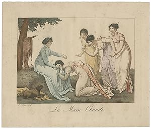 La Main Chaude. Fünf junge Frauen, gekleidet in die Mode des Empire, beim Gesellschaftsspiel.