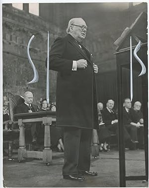 An original press photograph of Winston S. Churchill giving a speech on 3 February 1949 in London...