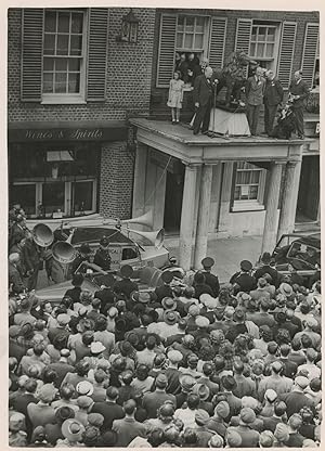 An original wartime press photograph of Prime Minister Winston S. Churchill delivering a campaign...