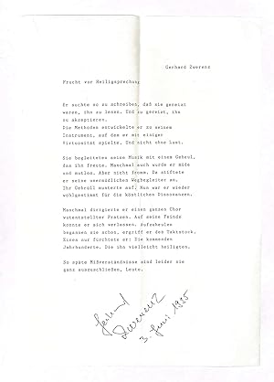 Imagen del vendedor de Gedichttyposkript (20 Zeilen) mit eigenh. U. a la venta por Eberhard Kstler Autographen&Bcher oHG