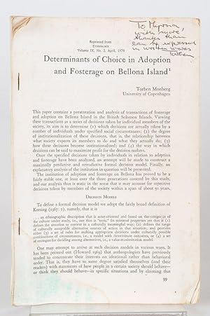 Seller image for Determinants of Choice in Adoption and Fosterage on Bellona Island. for sale by Inanna Rare Books Ltd.