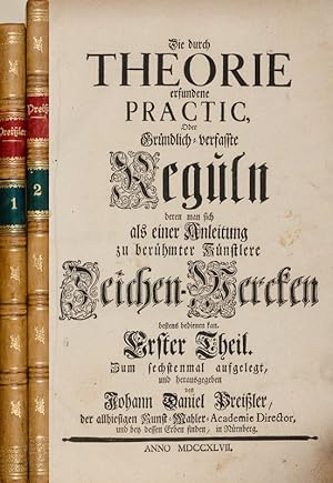 Image du vendeur pour Die durch Theorie erfundene Practic, Oder Grndlich-verfasste Reguln deren man sich als einer Anleitung zu berhmter Knstlere (sic) Zeichen-Wercken bestens bedienen kan (sic). [Drei Werke in sechs Teilen auf zwei Bnde verteilt !] Vier Theile inclusive dem vierten "Fortsetzungsband". Zwei Anhnge angebunden - Anhang I: L'Anatomia Deipittori del Signore Carlo Cesio, das ist: deutliche Anweisung und grndliche Vorstellung von der Anatomie der Mahler (sic), wie in den Gliedern des menschlichen Leibs die vornehmste Gebeine und Musculn, nach ihren Namen, Stellen, Anfngen und Enden, auch fordersten Verrichtungen, bey ihren unterschiedlichen Bewegungen und Handlungen zu erkennen, anzusehen und vorzustellen seyn; anfnglich von dem Kunst=berhmten Meister Carlo Cesio in netten und deutlichen Tabellen, auch kurtzen, doch grndlichen in Italinischer Sprache beygefgten Erklrungen an das Licht gegeben: Nun aber zu mehrern Aufnahm der Mahler= und Zeichen=Kunst in das Teutsche getreulich berse mis en vente par Inanna Rare Books Ltd.