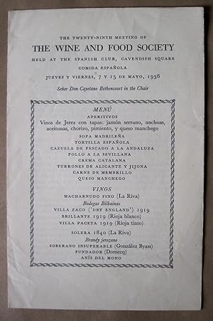 Wine and Food Society 29th Meeting. Held at the Spanish Club. May 1936.