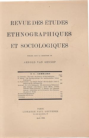 Seller image for Revue des tudes ethnographiques et sociologiques publ. sous la dir. de Arnold van Gennep. 8 - - - - Die Naturgrundlage des mexikanischen Gottes Xiuhtecutli. in: Revue des tudes ethnographiques et sociologiques, numro 8 (Aot 1908). for sale by PRISCA