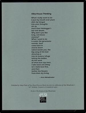 Alley-House Thinking, Broadside to Celebrate Ann Menebroker's 82nd Birthday