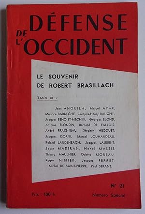 Bild des Verkufers fr Le souvenir de Robert Brasillach. Dfense de l'occident n 21. zum Verkauf von Bonnaud Claude