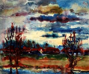 "Abend an den Wachwitzer Elbwiesen". Aquarell.