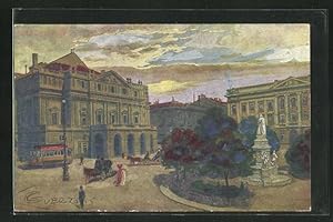 Artista-Cartolina G. Guerzoni: Milano, Galleria Vittorio Emanuele II., Platz mit Denkmal und Stra...