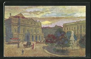 Artista-Cartolina G. Guerzoni: Milano, Piazza e Treatro della Scala