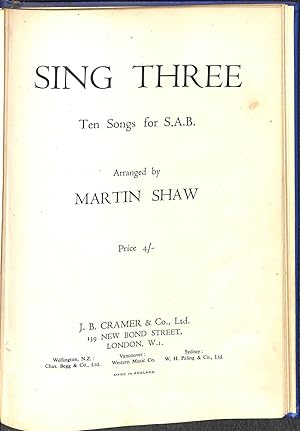 Bild des Verkufers fr Sing Three Ten Songs For S.A.B zum Verkauf von WeBuyBooks