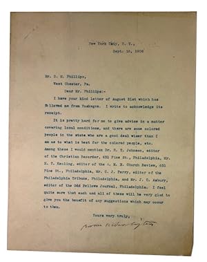 Typed Letter, signed, dated September 16, 1908. To G. M. Phillips of West Chester, Pennsylvania