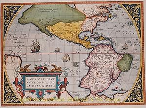 Seller image for ONE OF THE MOST ICONIC MAPS OF THE WESTERN HEMISPHERE "Americae Sive Novi Orbis, Nova Descriptio", copper engraving published by Abraham Ortelius featured in his "Theatrum Orbis Terrarum", the first modern atlas of the world, from 1570 onwards for sale by Inter-Antiquariaat Mefferdt & De Jonge