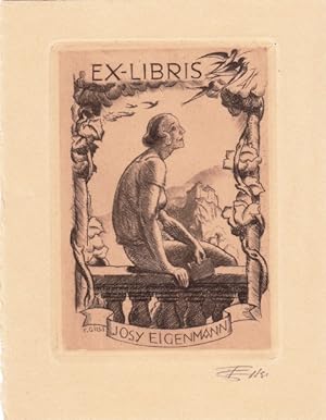 Bild des Verkufers fr Ex-Libris Josy Eigenmann. Auf Balkonbrstung Sitzende mit Buch vor Burg auf Berg. zum Verkauf von Antiquariat  Braun