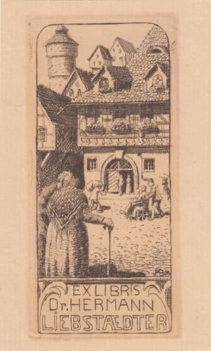 Immagine del venditore per Ex Libris Dr. Hermann Liebstaedter [Arzt in Nrnberg]. Blick auf Spital, dahinter der Turm der Kaiserburg in Nrnberg. venduto da Antiquariat  Braun