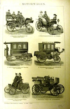 Bild des Verkufers fr MOTORWAGEN - Hst.-Abbildungen aus Brockhaus  Konversations-Lexikon 14. Aufl. (1895) zum Verkauf von Antiquariat Ursula Hartmann