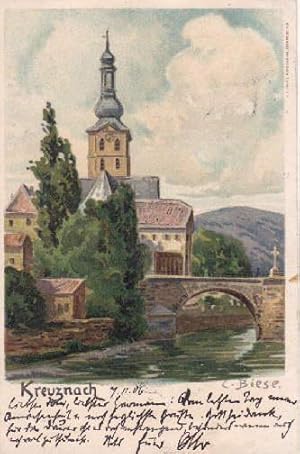Kirche und Brücke. Ansichtskarte in farbiger Lithographie nach einer Zeichnung von Carl Biese. Ab...
