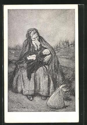 Künstler-Ansichtskarte Mutter sitzt mit ihrem Kleinkind auf dem Feld, Kinderfürsorge