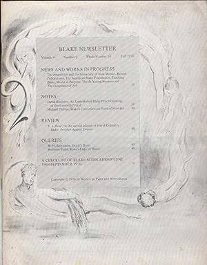 Seller image for Blake Newsletter 14. Volume 4, Number 2. Fall 1970 for sale by Recycled Books & Music
