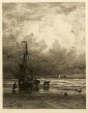 Lithografie met visserboot bij het strand. In: Kunstkronijk aflevering 21 en 22, 1875.