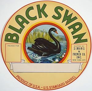 'Black Swan. Shipped by Simons & French Co. Inc New York City'. Color barrel label