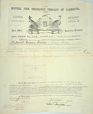 Mutual Fire Insurance Co. of Tasmania. Fire policy made out to Richard James Lucas of Hobart