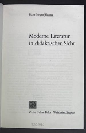 Bild des Verkufers fr Moderne Literatur in didaktischer Sicht. zum Verkauf von books4less (Versandantiquariat Petra Gros GmbH & Co. KG)