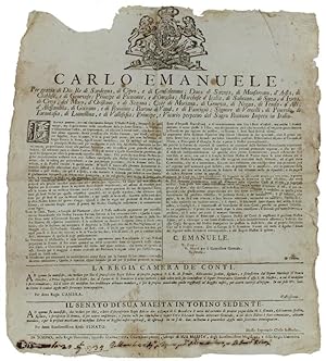 Seller image for L'AMORE PATERNO, CON CUI RIMIRAMMO SEMPRE LI NOSTRI POPOLI, IMPEGNO' IN OGNI TEMPO, MA SINGOLARMENTE NELLE CIRCOSTANZE DELLA PRESENTE GUERRA, LA VIGILANZA E SOLLECITUDINE NOSTRA Dat' in Torino li 14 del mese d'Agosto 1734. [Documento originale]: for sale by Bergoglio Libri d'Epoca