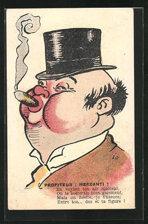 Ansichtskarte Dicker Herr mit Zylinder raucht eine Zigarre
