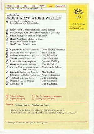 Bild des Verkufers fr Programmheft Moliere DER ARZT WIDER WILLEN Premiere 8. Juni 2001 Spielzeit 2000 / 01 Heft 10 zum Verkauf von Programmhefte24 Schauspiel und Musiktheater der letzten 150 Jahre