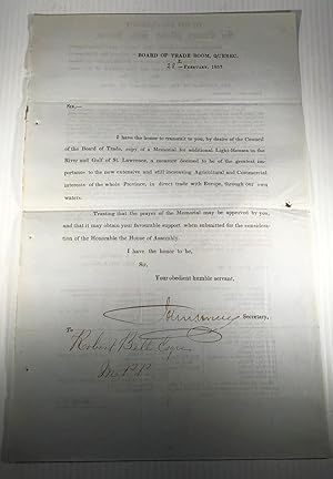 Printed document signed by John Bruce, Secretary of the Board of Trade, Quebec City, to Robert Be...