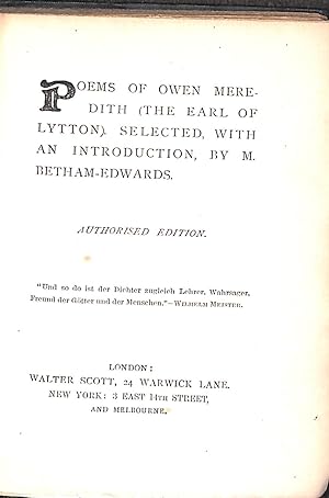 Image du vendeur pour Poems of Owen Meredith (The Earl of Lytton) mis en vente par WeBuyBooks