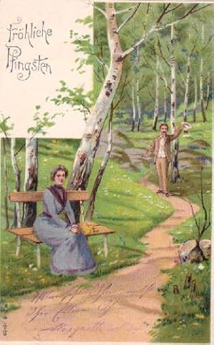 Fröhliche Pfingsten. Postkarte in farbiger Lithographie. Abgestempelt 21.05.1904.