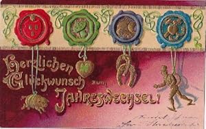 Herzlichen Glückwunsch zum Jahreswechsel. Postkarte in geprägter farbiger Lithographie. Abgestemp...