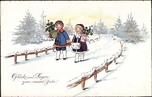 Bild des Verkufers fr Litho Glck und Segen zum neuen Jahr, Kinder in einer Winterlandschaft zum Verkauf von akpool GmbH