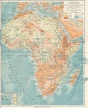 Farbige Landkarte: Afrika - Fluss- und Gebirgssysteme von 1925,"1 : 38 000 000; Nebenkarte: Die K...
