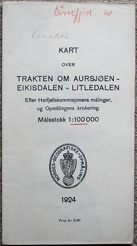 Image du vendeur pour Kart over Trakten om Aursjoen - Eikisdalen - Litledalen Efter Hoifjellskommisjonens malinger of Opmalingens krokering (Dovrefjell, Norway). mis en vente par Dendera