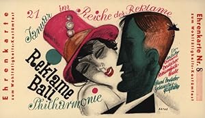 Ehrenkarte zum Wohltätigkeits-Kostümfest "Reklame Ball - 21. Januar [1928] Im Reiche der Reklame"...