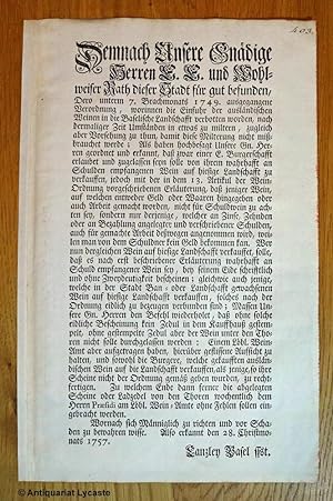 Basel 1757: Dekret / Verordnung, Wein und Weinhandel betreffend.