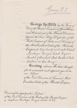 Imagen del vendedor de Document signed by both, being a Grant of the Dignity of an Officer of the Civil Division of the Most Excellent Order of the British Empire to Montagu Wemyss Suart. Signed at the head by the King "George R.I" and on the reverse at the conclusion a la venta por Bristow & Garland