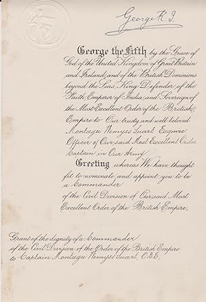 Imagen del vendedor de Document signed by both, being a Grant of the Dignity of a Commander of the Civil Division of the Most Excellent Order of the British Empire to Montagu Wemyss Suart. Signed at the head by the King, "George R.I" and on the reverse at the conclusion a la venta por Bristow & Garland