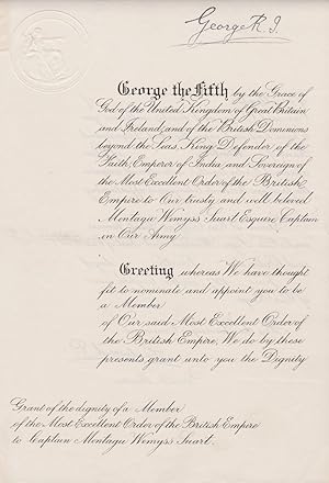 Imagen del vendedor de Document signed by both, being a Grant of the Dignity of a Member of the Civil Division of the Most Excellent Order of the British Empire to Montagu Wemyss Suart. Signed at the head by the King "George R. I" and on the reverse at the conclusion a la venta por Bristow & Garland