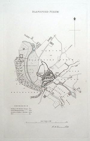 Antique Map BLANDFORD FORUM, DORSET, ENGLAND, Street Plan, Dawson Original 1832