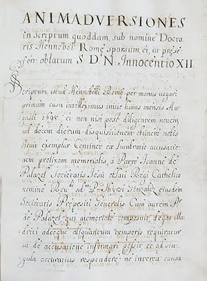 Seller image for Animadversiones, in scriptum quoddam sub nomine doctoris Hennebel, Rome sparsum et ut presefert oblatum sanctissimi domini nostri Innocentio XII. [Investigaciones y enmiendas escrito por el doctor Juan Liberto Hennebel, que fue ofrecido en Roma y al papa Inocencio XII]. for sale by Librera Jos Porra Turanzas S.A.