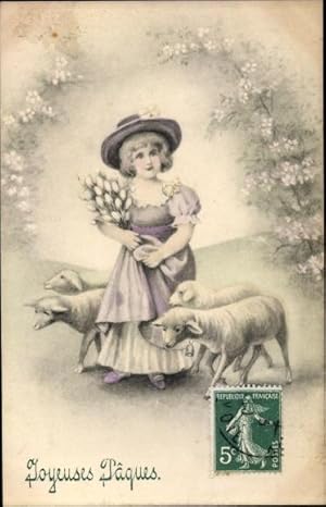 Ansichtskarte / Postkarte Glückwunsch Ostern, Mädchen mit Weidenkätzchen, Lämmer - Verlag: Munk 4023